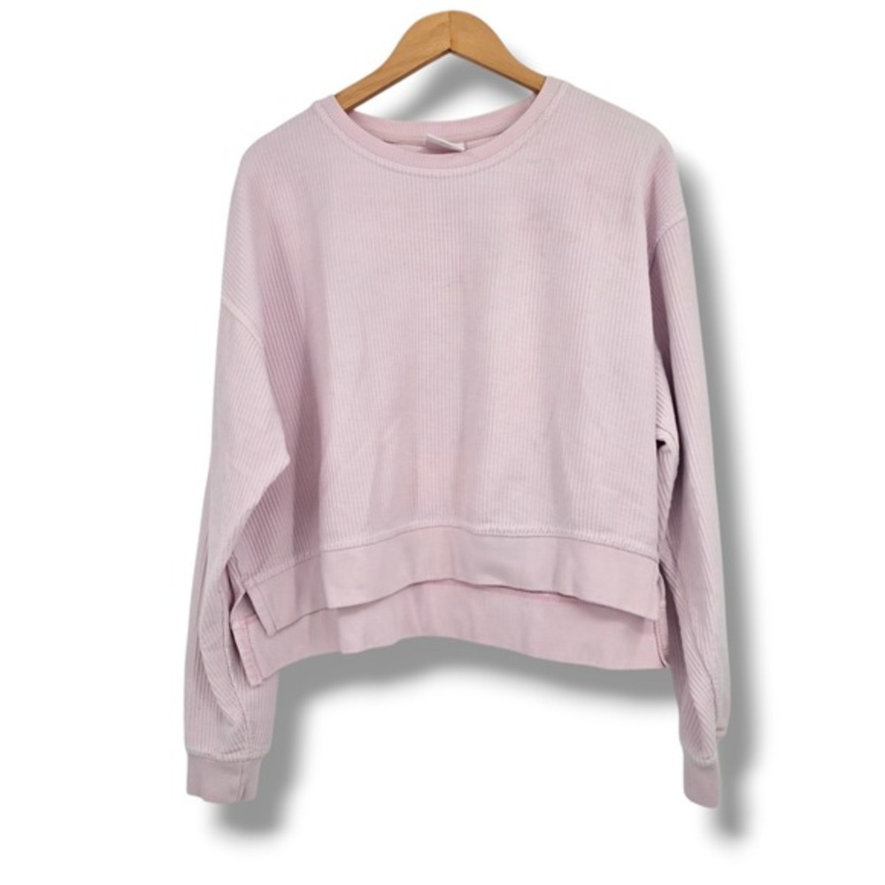 US Vintage Womens Ribbed Knit Cropped Sweatshirt Lavender High Low Size XL‎